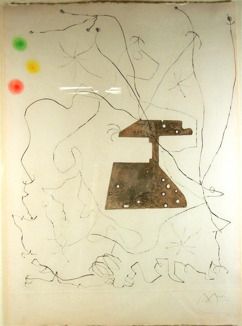 Joan Miro, Drypoint Etching & Imprint: Drypoint etching and imprint of object entitled, "Le Ciel Korgeron" c.1964 by Joan Miro(1893-1983). Etching is numbered on lower left side 7/75 and signed on lower right. Etching measures 26" x 18 1/4
