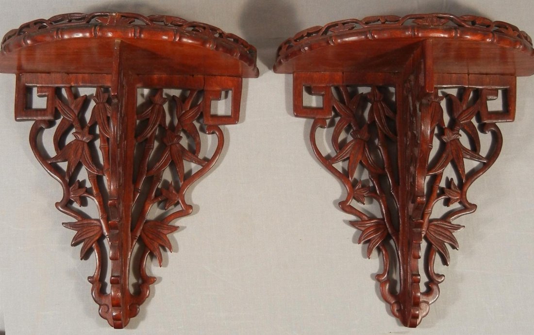 Pierced Carved Wood Wall Brackets: Pair of pierced caved wood wall brackets measuring 10 1/2" x 10"