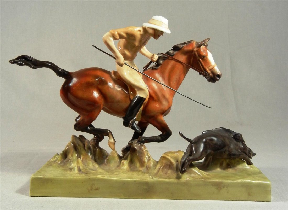 Royal Worcester, Hog-Hunting: Original Royal Worcester figurine entitled, "Hog-Hunting" by Doris Lindner. Marked "3164" and measuring 6 3/4" x 9."