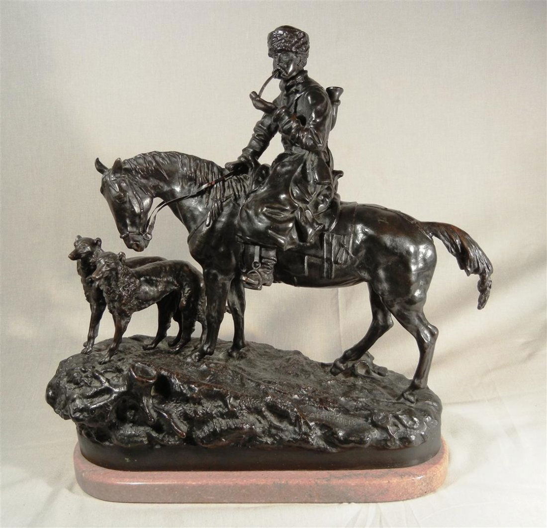 Vassili Grachev, "Hunter with Two Borzoi": Bronze sculpture entitled, "Hunter with Two Borzoi" by Russian artist Vassili Grachev (1831-1905). Sculpture measures 16" x 17 3/4."