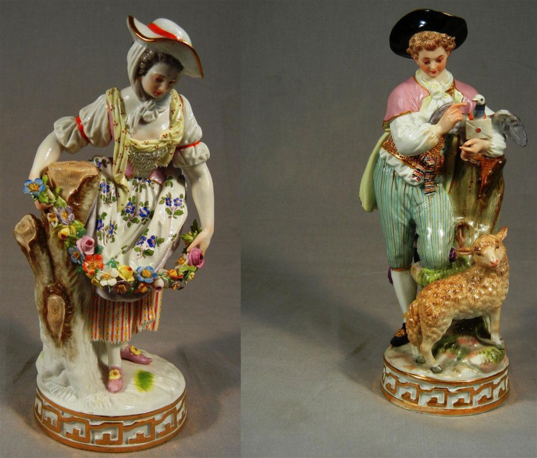 Meissen Figures of Shepherd Boy and Girl: Late 19th & 20th century Meissen figures of a shepherd boy and a girl. Both figures have blue crossed sword marks (see photo). The boy modeled standing giving a letter to the dove which perches on his