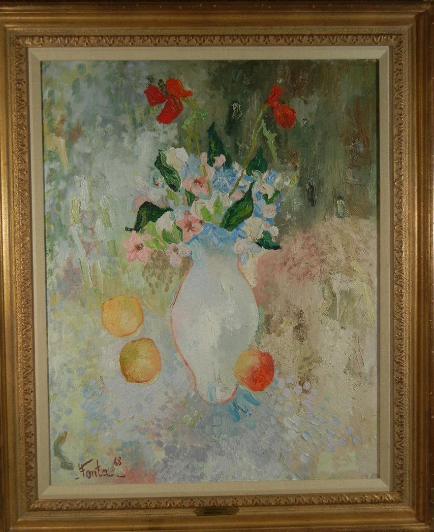 Robert Fonta, "Fleurs Printanieres": Oil on board c. 1968 entitled "Fleurs Printanieres" by Robert Fonta (1922-). Painting is signed and dated on bottom left side(see photo) and measures 29" x 23." Plaque affixed to frame has artist name