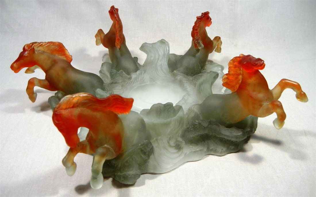 Daum Nancy Pate de Verre Centerpiece: Daum Nancy Pate de Verre glass horses centerpiece measuring 4" x 13 1/2"