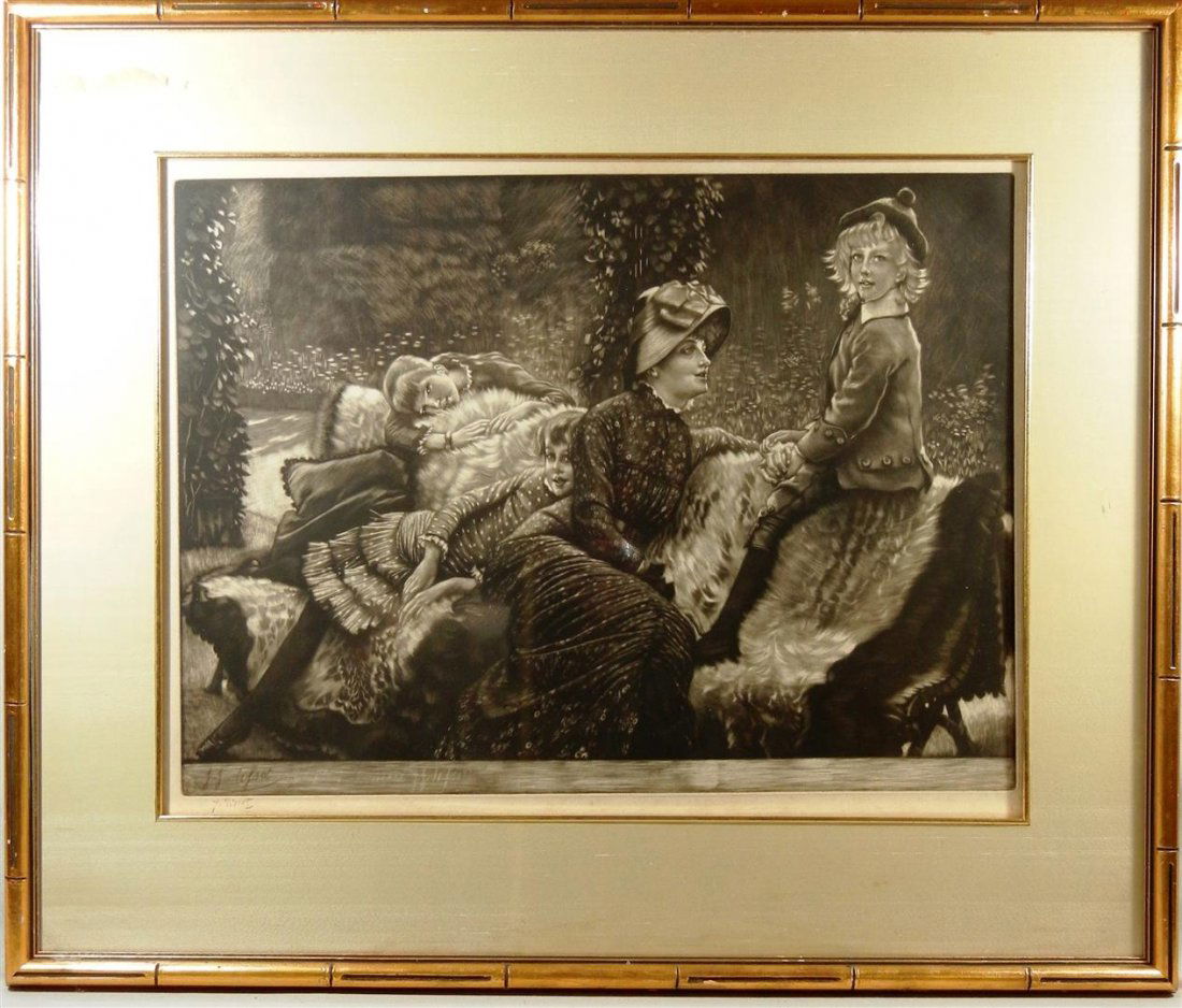 James Jacques Tissot, B&W Etching: Black and white etching by artist James Jacques Tissot(1836-1902). Etching is signed on bottom right (see photo) and measures 17 1/2" x 23"