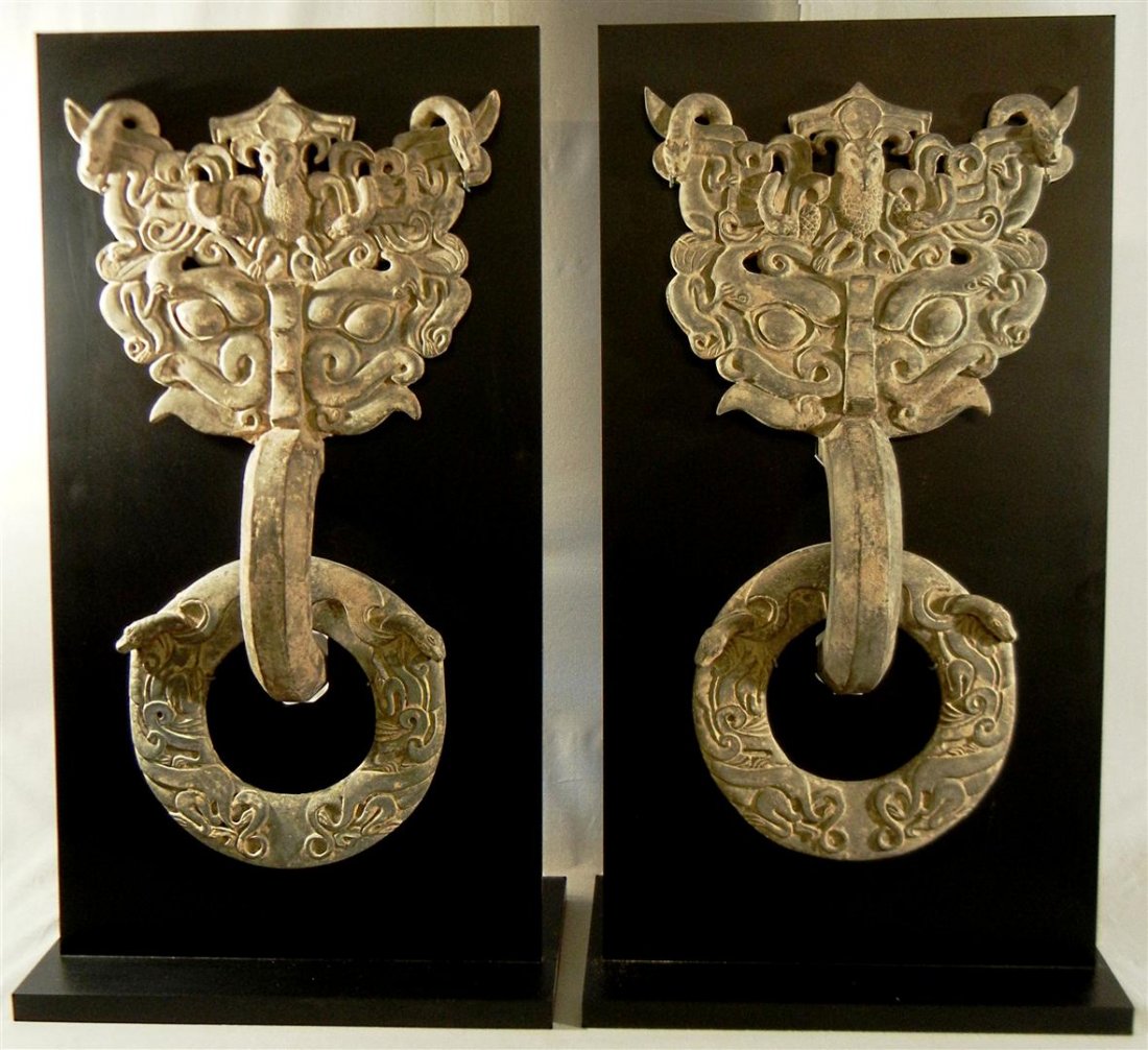 Chinese Warring States Pottery Door Knockers: Pair of grey pottery Taotish mask door knockers from tomb doors during the Warring States period (475-221BC). Thermoluminescence analysis report/Oxford Authentication paperwork included. It was estima