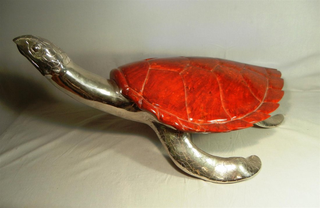 20thc. Silver & Burl Wood Turtle: 20th century large silver and burl wood turtle (with removable shell). Turtle measures 13 1/2" x 26" x 18."