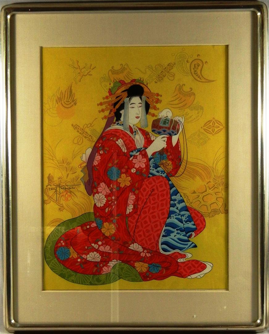 Paul Jacoulet, "Daikoku" Woodblock Print: Woodblock print c. 1952 entitled, "Daikoku" by French artist, Paul Jacoulet (1902-1960). Print is signed on bottom left side with a coin seal. Woodblock print measures 15 1/2" x 12"