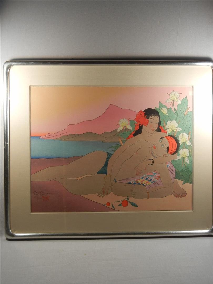 Paul Jacoulet, Woodblock Print: Woodblock print c. 1941 of a Tahitian couple on a beach by French artist, Paul Jacoulet (1902-1960). Print is signed on bottom left side with a butterfly seal. Woodblock print measures 12" x 15 1/4."