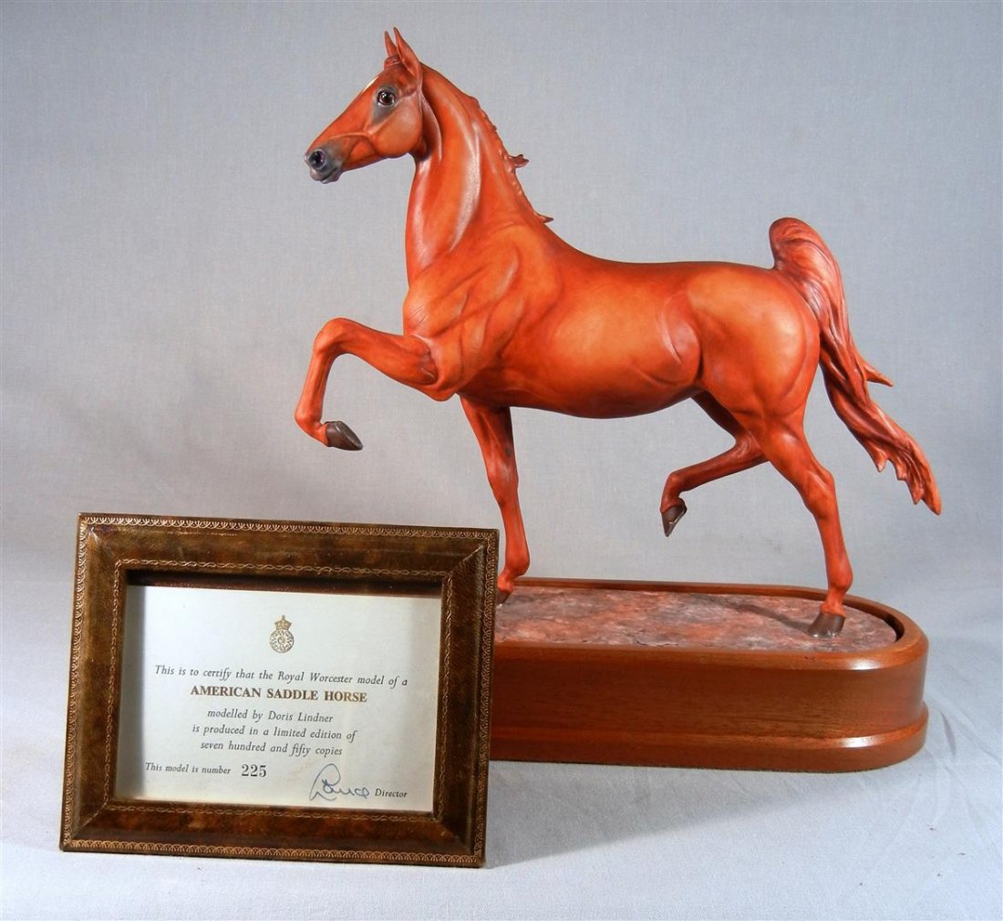 Royal Worcester, American Saddle Horse: Royal Worcester model of an American Saddle Horse designed by Doris Lindner c. 1973. It is a limited edition 225/750 (see accompanying certificate of authenticity and base). Horse measures 10 3/8''H.