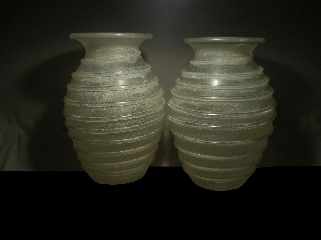 Karl Mann, Pair of Hand Blown Vases: Pair of hand-blown vases mounted as lamps by Karl Mann (1930-) with applied cord decoration. Bubble and sand texture measuring 16"H.