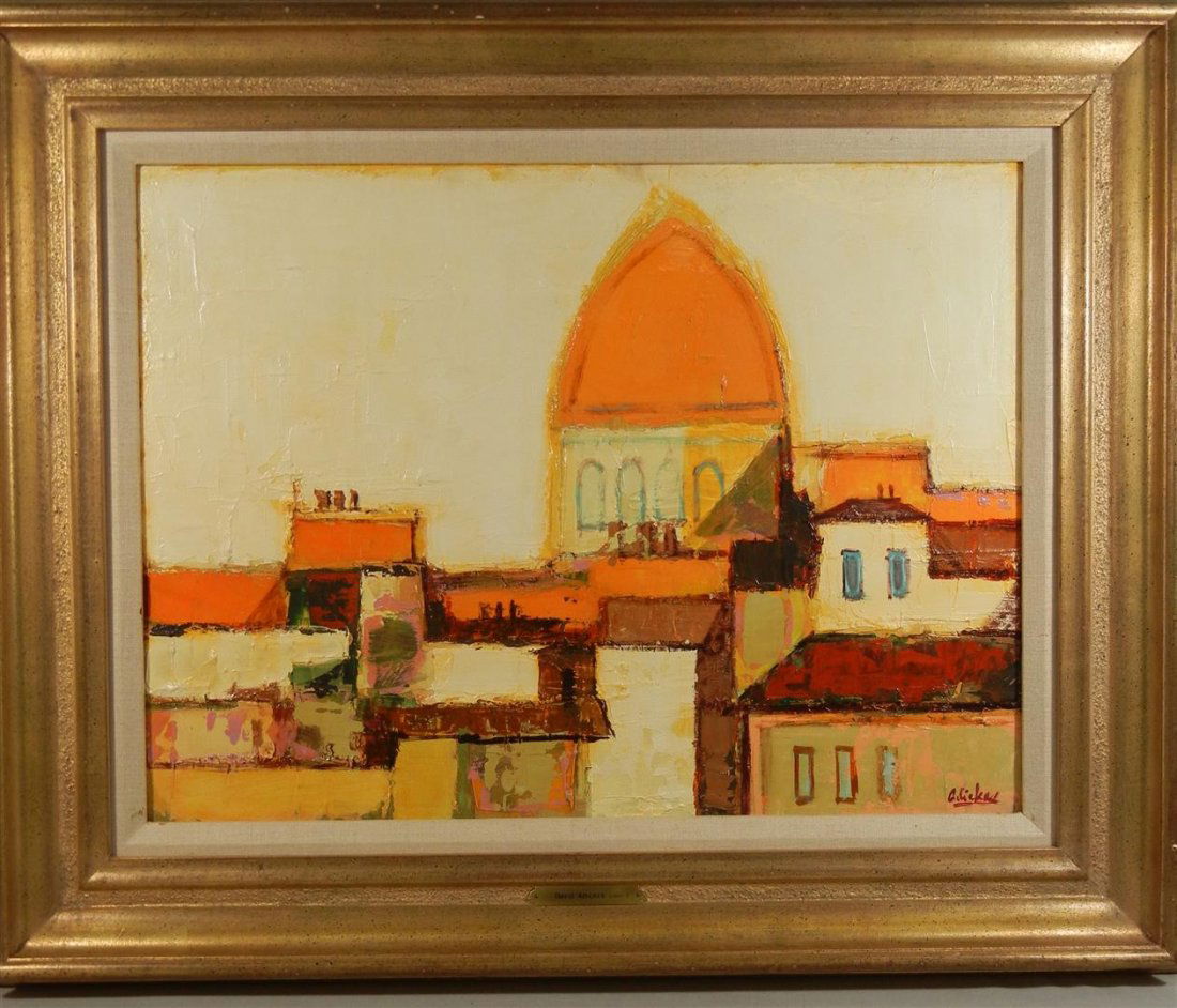 David Adickes, Oil on Board: Oil on board entitled, "Yellow Dome" by American artist David Pryor Adickes (1927-). The painting is signed on lower right (see photo) and plaque affixed to frame has artist's name. Painting measures