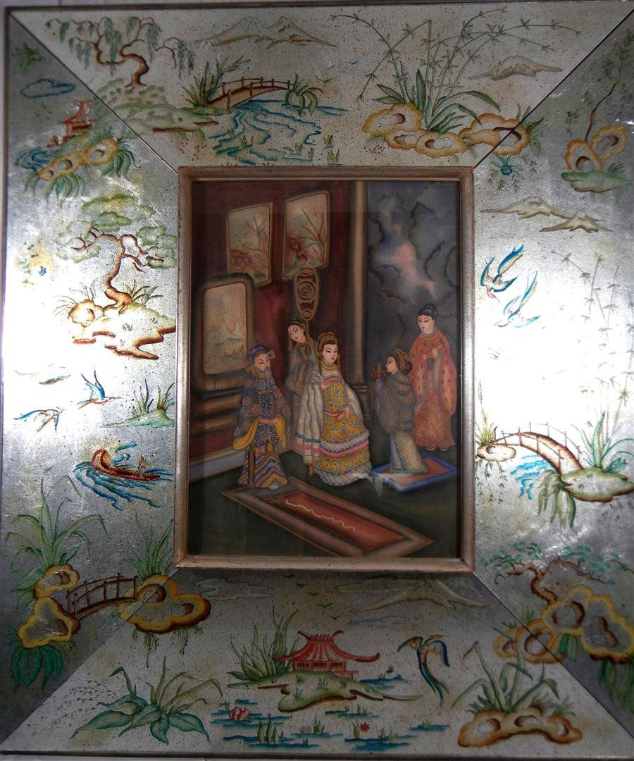 Chinese Tempera Painting w/Elaborate Frame: Chinese tempera painting with elaborate hand-painted mirrored frame depicting empress with four attendants. Painting measures 20 1/2" x 15 1/4" and with the frame measures 46" x 39 1/2."