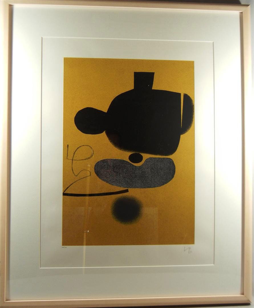 Victor Pasmore, Points of Contact #19: Color lithograph c. 1973 entitled, "Points of Contact #19" by U.K. artist Victor Pasmore (1908-1998). Lithograph is signed and numbered, . It measures 22 1/8" x 15 3/8." Label on verso has lithograph