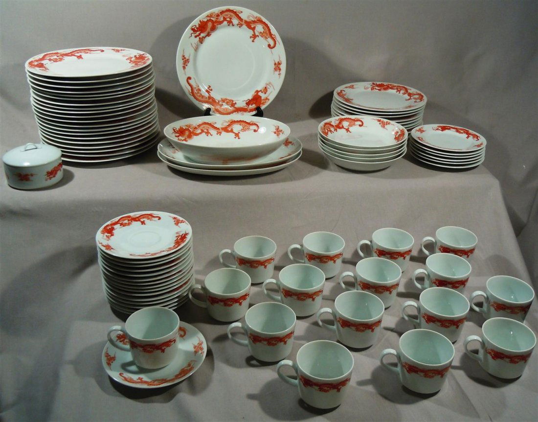 Tiffany & Co., "Fukagawa" Dinnerware: Tiffany & Co. "Fukagawa" dragon pattern dinnerware set consisting of 24 dinner plates (10 3/4"), 11 luncheon plates (9"), 12 bread & butter plates (6 1/2"), 16 cups and saucers, 5 flat soup bowls (7 3