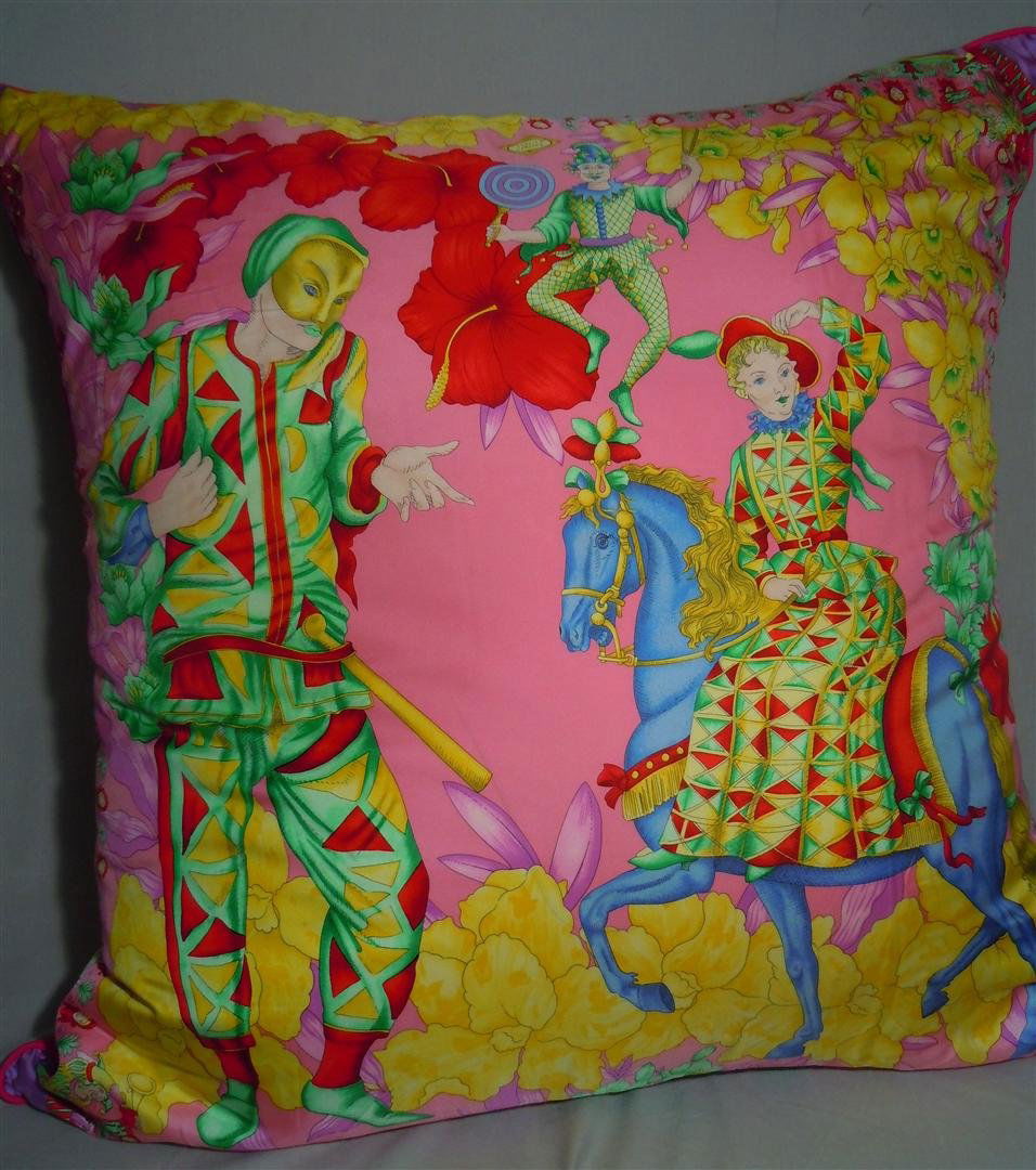 Large Versace Silk Pillow: Colorful large Versace silk pillow measuring 32" x 33"