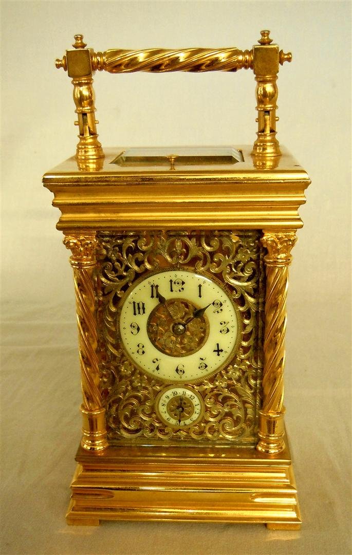 19thc. French Dore Bronze Repeater Clock: 19th century French dore bronze & glass repeater clock measuring 6 1/2" x 4" x 3 1/2"