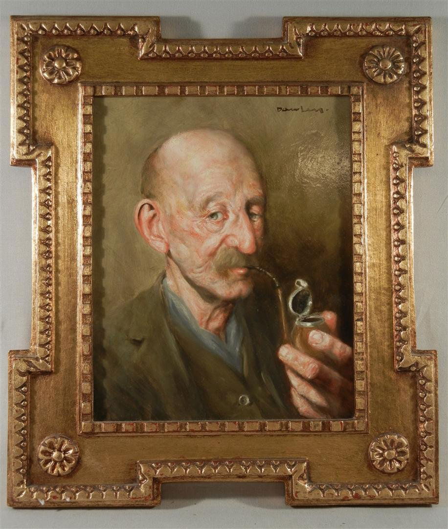 Oil Painting on Board Signed Dawley: Oil on artist board profile of elderly man smoking a pipe signed on upper right side, Dawley (see photo). Painting measures 10" x 8"