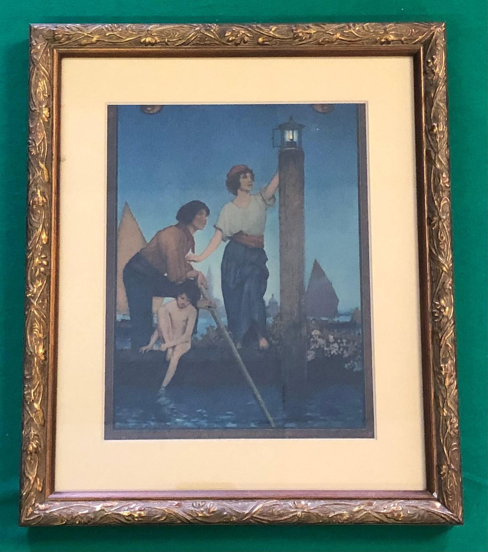 Maxfield Parrish, American (1870-1966): Titled "The Venetian Lamplighter" in antique frame measuring 13" x 11"