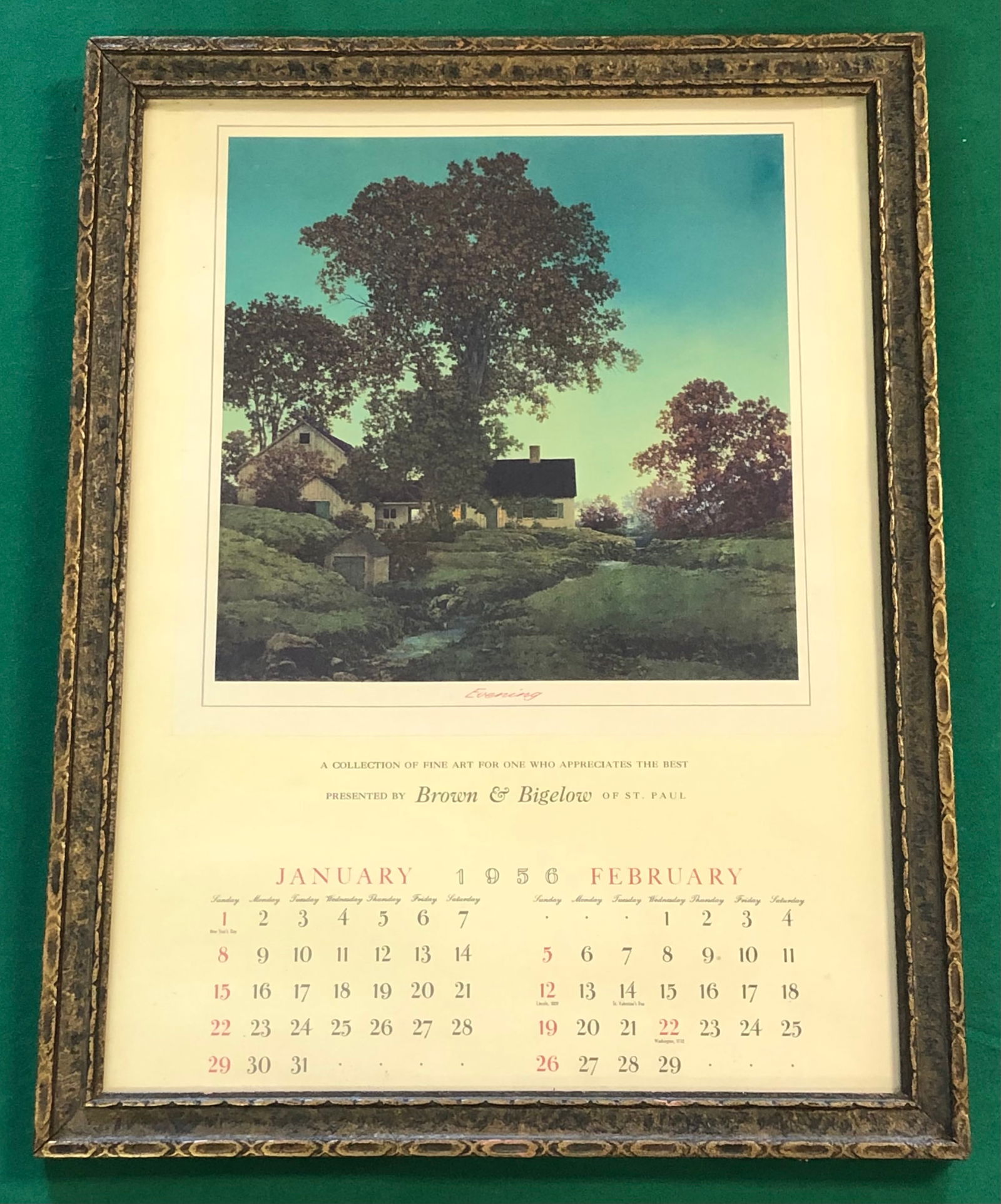 Maxfield Parrish, American (1870-1966): Titled "Evening" for a Brown & Bigelow calendar 1956. 18 1/2" x 14"