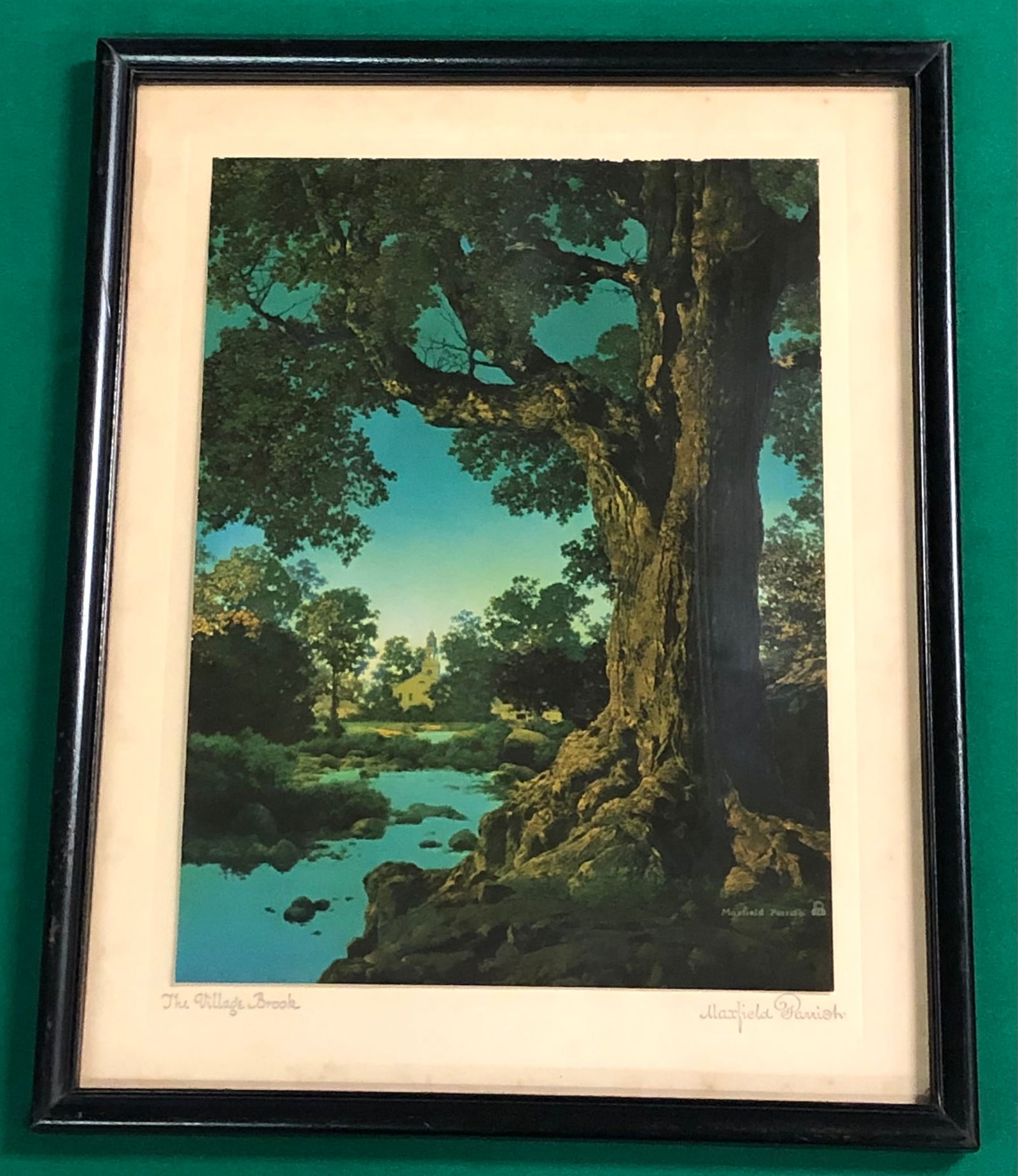 Maxfield Parrish, American (1870-1966): Titled "The Village Brook" in black frame, measuring with frame 14 1/2" x 11 1/2"