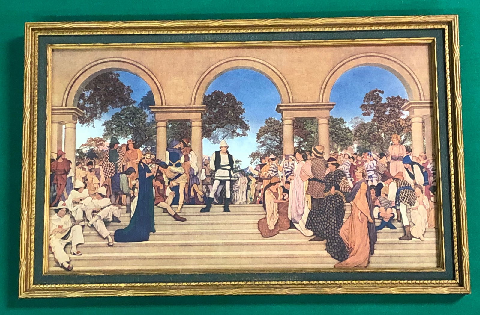 Maxfield Parrish, American (1870-1966): Titled "A Florentine Fete" by the Curtis Publishing Company, largest print ever published of this piece. This piece is 89 years old and measures with frame, 10" x 16"