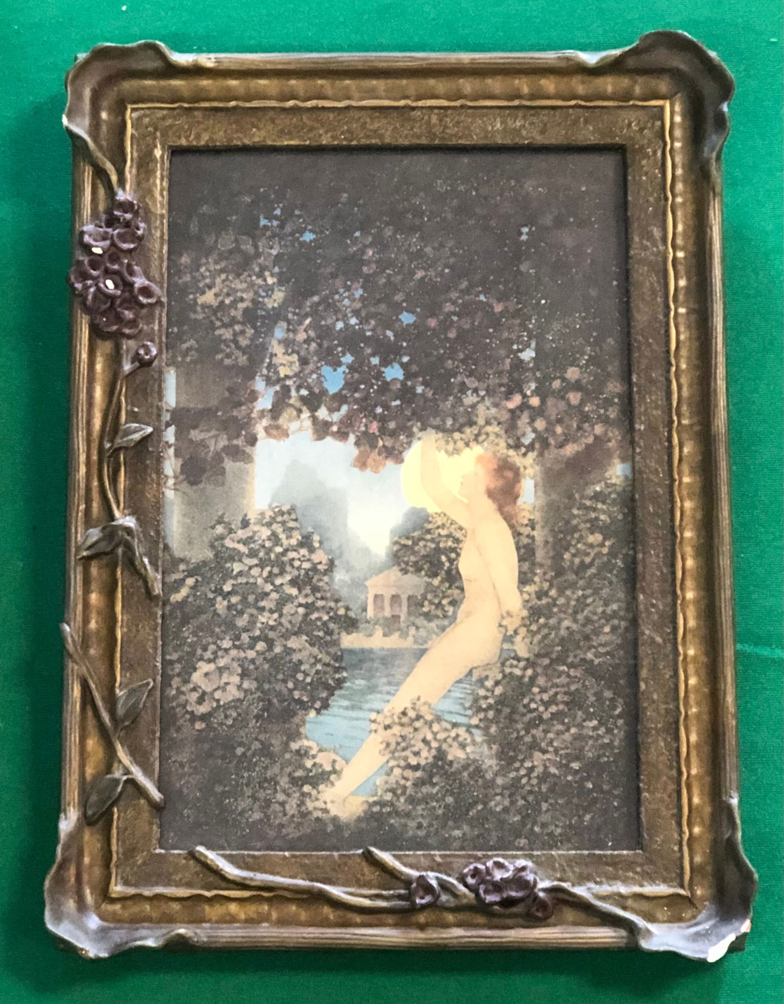 Maxfield Parrish, American (1870-1966): Titled "Old Romance" in Palace of Parrish Art Nouveau frame measuring 9 1/2" x 7"