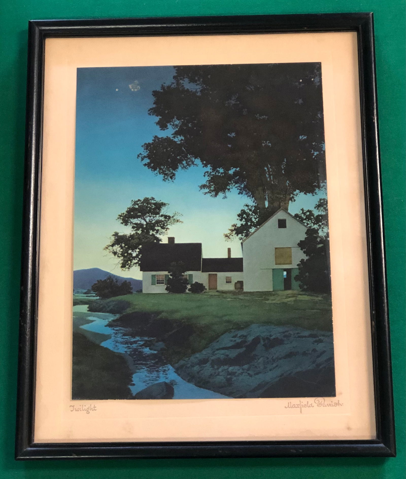 Maxfield Parrish, American (1870-1966): Titled "Twilight" in black frame, measuring 14" x 11 1/2"