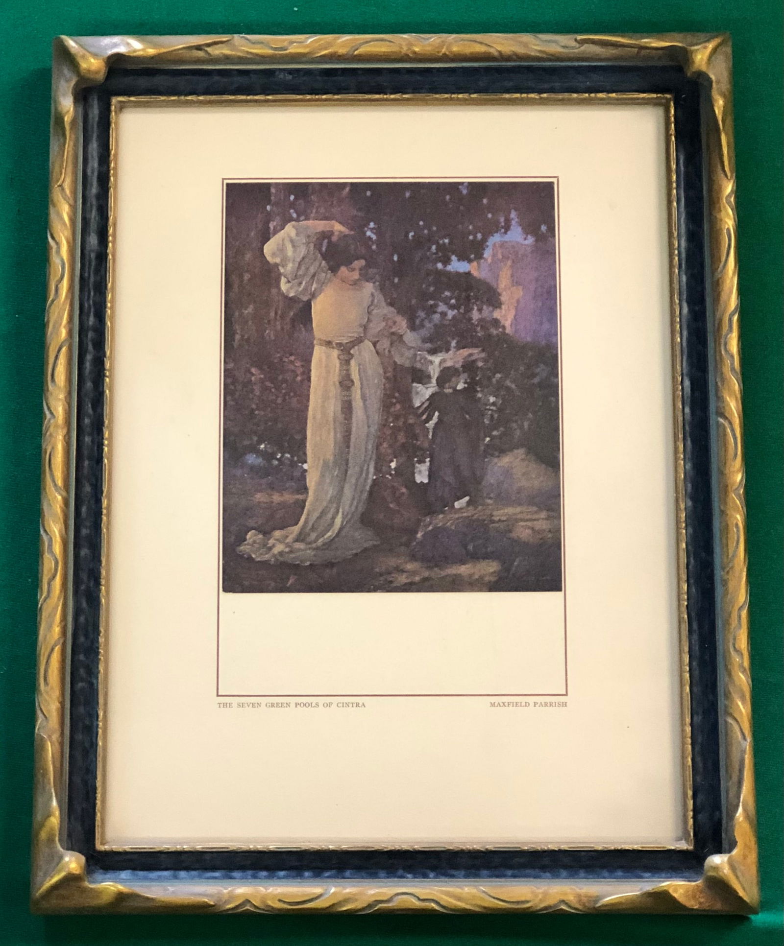 Maxfield Parrish, American (1870-1966): Titled "Seven Green Pools of Cintra" Rare Art Print in The Dream Gardener Frame, measuring 13" x 10"