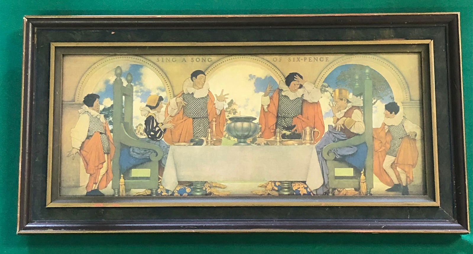 Maxfield Parrish, American (1870-1966): Title "Sing a song of six-pence" print enclosed in a serving tray measuring 8" x 16"