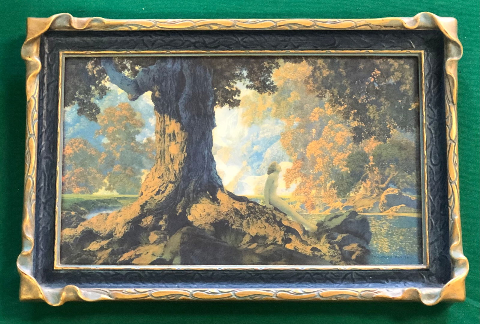 Maxfield Parrish, American (1870-1966): Titled "Dreaming" Framed by The Dream Gardener measuring 8" x 12"