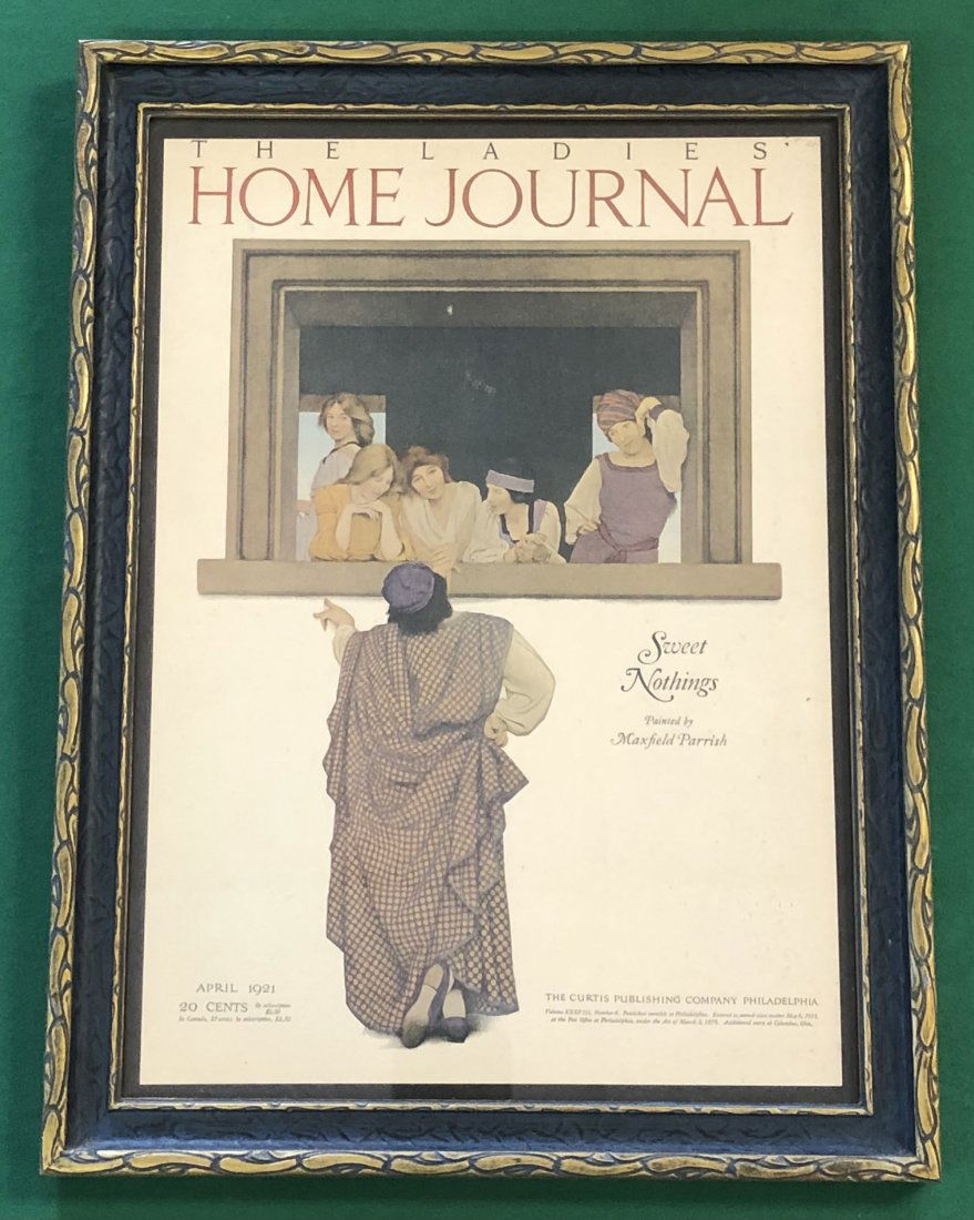 Maxfield Parrish, "Sweet Nothings": From the Home Journal issue, Color Magazine Ad, 1921, framed by The Dream Gardener, measuring 15 1/2" x 11 1/2"
