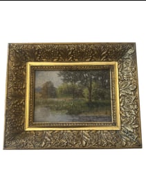 Antique American Landscape Oil Painting on Board, signed H