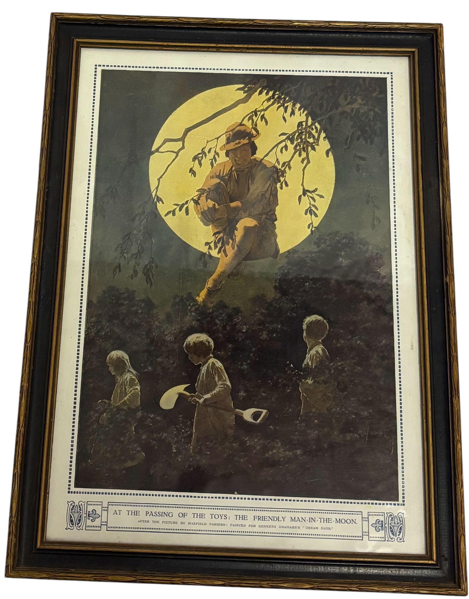 Maxfield Parrish, American (1870-1966): A Maxfield Parrish titled "The Friendly Man in the Moon measuring 15 3/4 x 11 1/2"