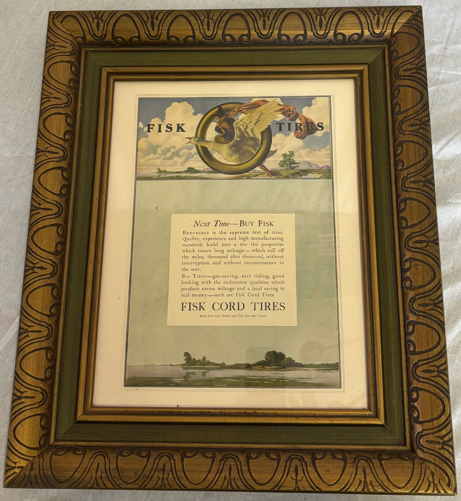 Maxfield Parrish, American (1870-1966): A Maxfield Parrish, titled "Fisk Cord Tires" measuring 18 3/4" x 16