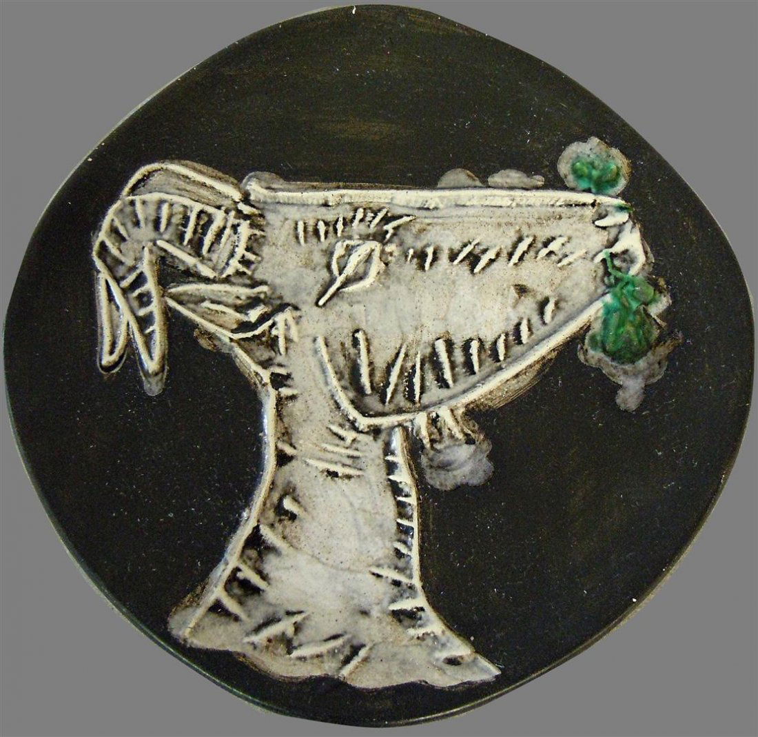 Pablo Picasso Madoura Ceramic Plate, No. 96: A Pablo Picasso Madoura ceramic plate, "Goat's Head in Profile, 1950." Original round/square plate of white earthenware clay with decoration in engobes (black, green) under partial brushed glazed. Thi