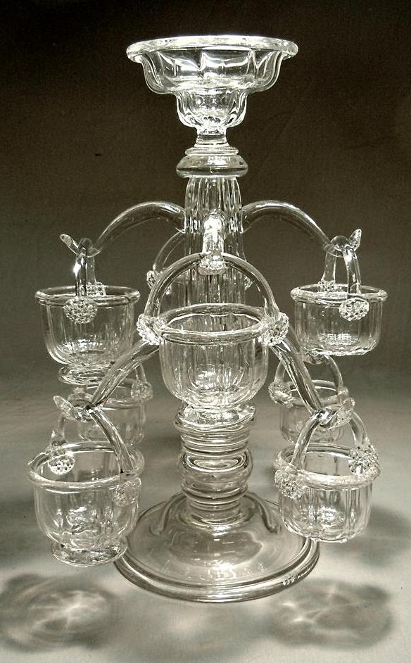 Important Archimede Seguso Epergne: A beautiful murano glass epergne by Italian glass maker Archimede Seguso retailed by Tiffany & Co. The epergne has a label with the artist's name (see photo) and is signed on base (see photo). It meas
