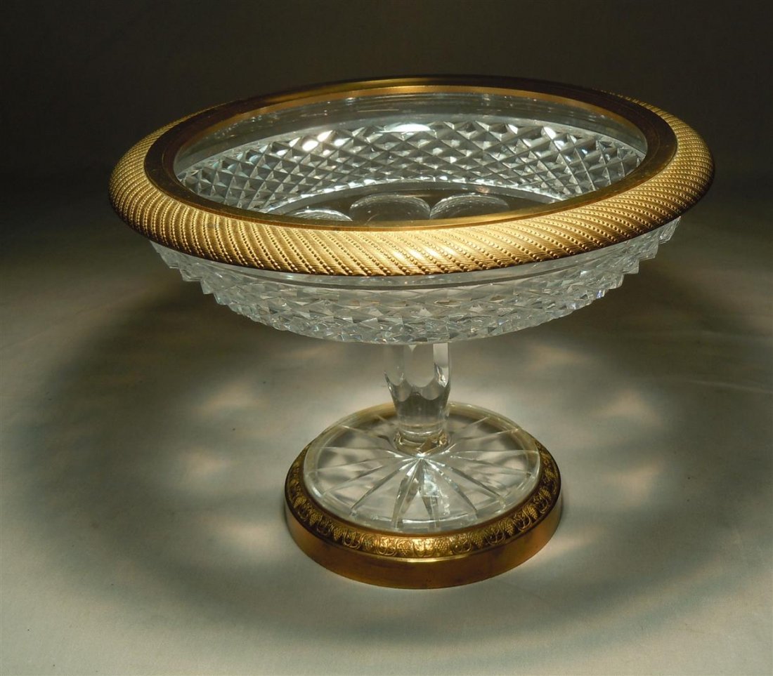 Crystal and Bronze Center Bowl: Cut crystal and bronze center bowl measuring 6" x 8 1/2."