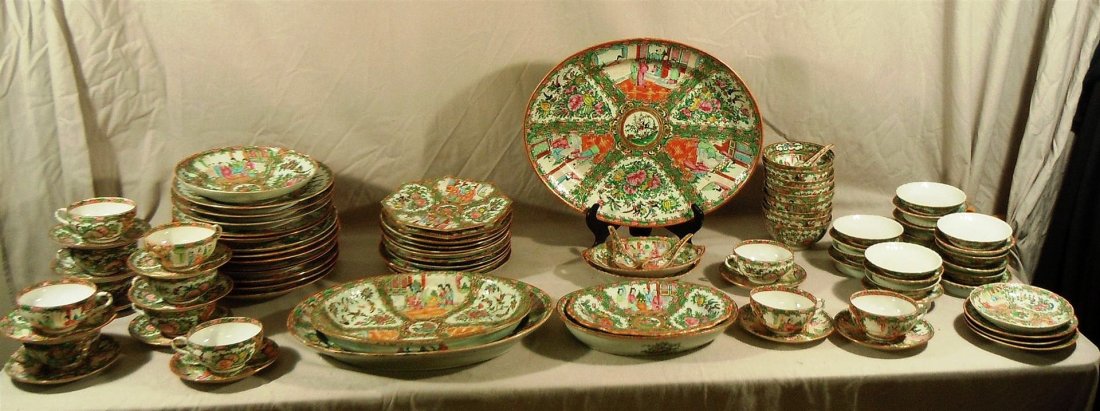 Chinese Rose Medallion Assorted Set: 67 pieces of assorted Chinese Rose Medallion including: 12 dinner plates (measuring: 9 1/5" in diameter), 12 cups and saucers, 9 rice bowls (measuring: 5" in diameter), 9 lunch plates (measuring: 8 1/