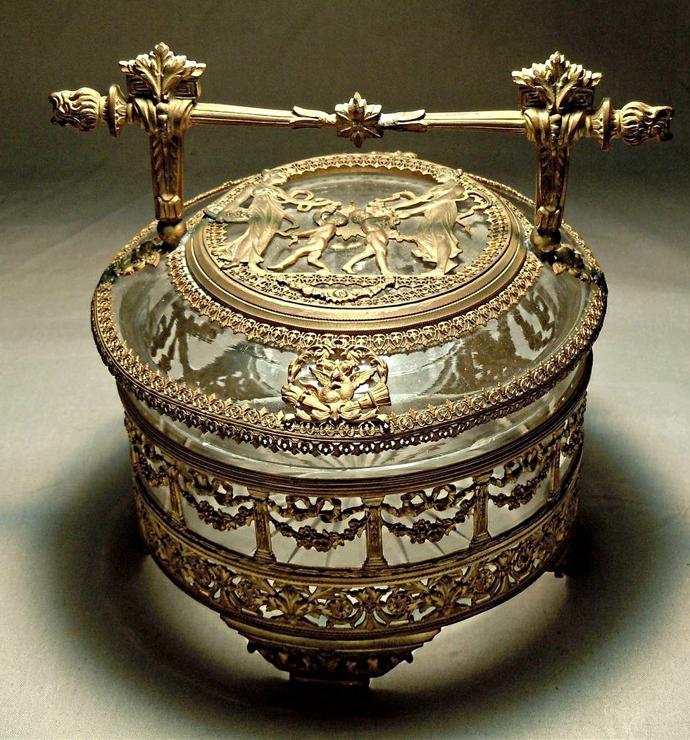 19th c Crystal And Gilt Bronze Footed Box: A beautiful crystal and gilt bronze footed box measuring 7 1/2" x 7 1/4."