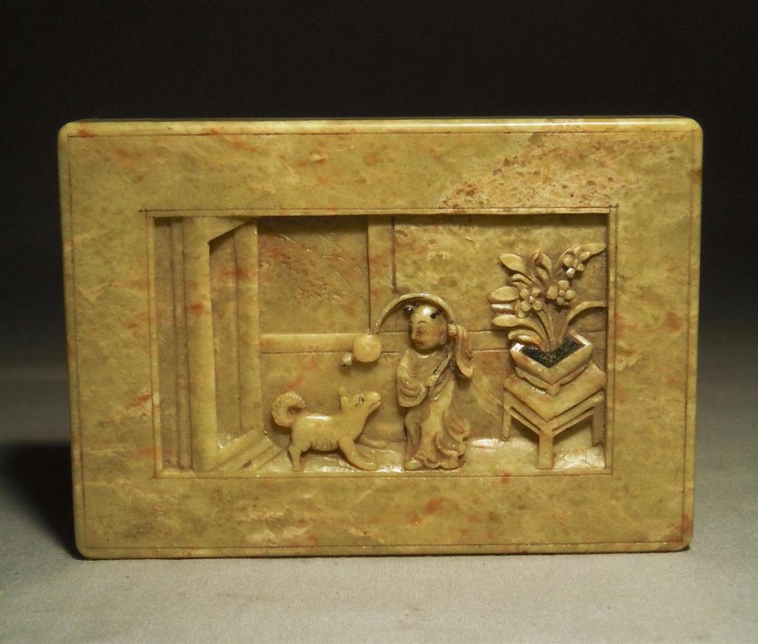 Chinese Soapstone Plaque: Detailed chinese soapstone plaque measuring 3 1/4" x 4 3/4."
