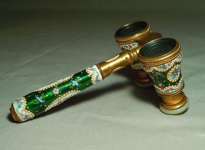 Lemaire Mother of Pearl Opera Glasses: Lemaire FI Paris enamel 'jeweled' mother of pearl opera glasses with handle