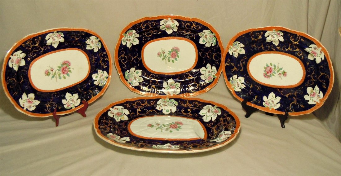 Large Mason's Ironstone Platters: Four large mason's ironstone platters marked "Masons Patent Ironstone China" and numbered (see photos). There are two platters that measure 14" x 17" and two platters that measure 16" x 20 1/2."