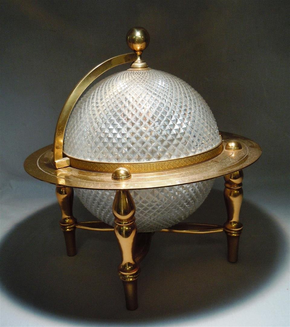 Crystal and Gilt Metal Liqueur Set: Crystal and gilt metal globe liqueur set containing three gilt lid decanters and six shot glasses.