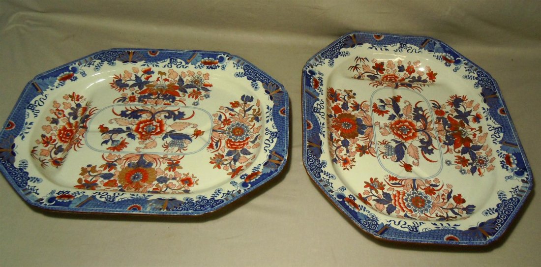 Very Large Spode Ironstone Platters Imari Pattern: Two large Spode ironstone platters, in the Imari pattern. Platters are stamped "Spode" (see photos). Platters measure 16 3/4" x 21 1/2."