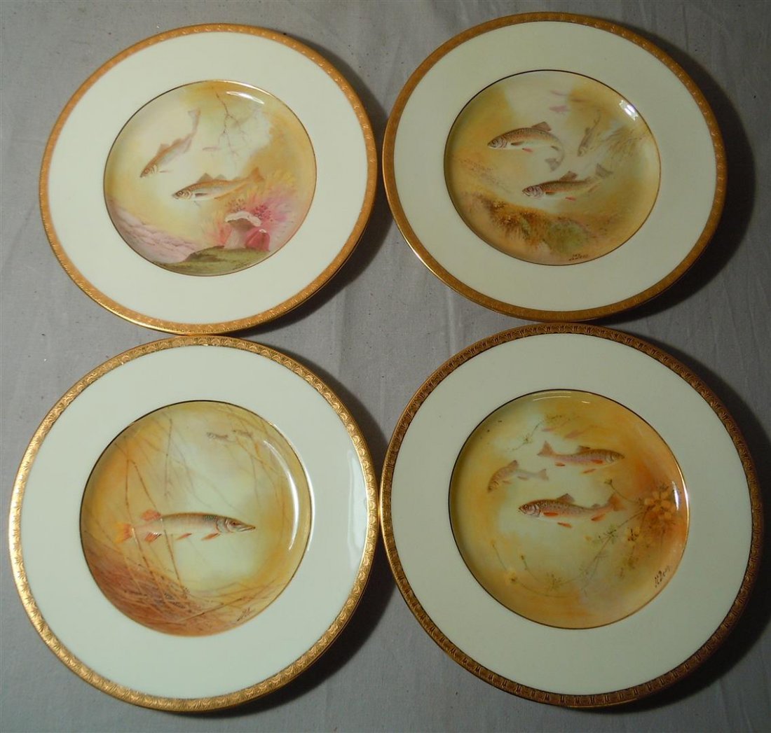 Four Minton Fish Plates Retailed by Tiffany & Co.: Four hand-painted fish plates retailed by Tiffany & Co. Plates measure 8 3/4" and are marked on base (see photos).