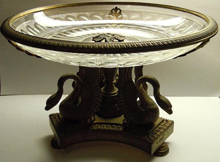 Fine 19thc Crystal and Bronze Swan Compote: Fine 19thc Crystal and Bronze Swan Compote measuring 6" x 8 3/4"