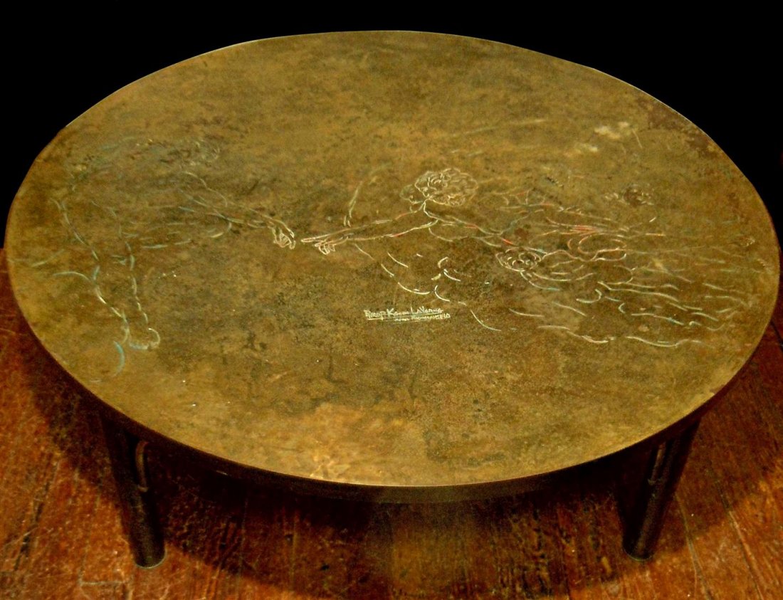 Philip & Kelvin Laverne Coffee Table: An enameled bronze and pewter Philip and Kelvin Laverne coffee table c.1960 with an asian scene measuring 17 1/2" x 47 1/2"
