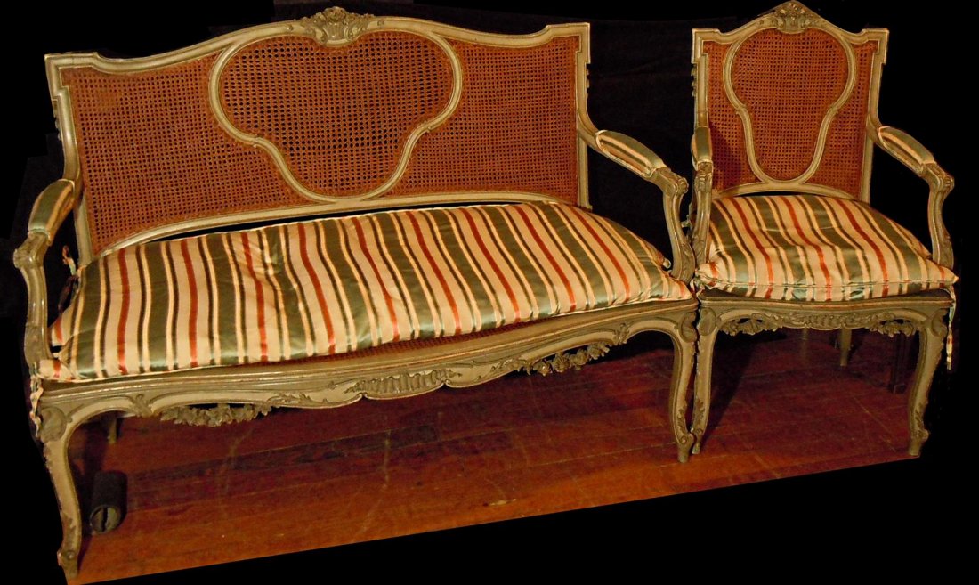 Edwardian French Settee & Matching Chair: An Edwardian french settee and matching chair. The settee measures 40" x 54 1/2" x 21." The chair measures 39" x 23" x 19."