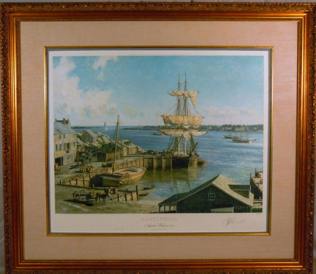 John Stobart, "Marblehead: Appleton's Wharf": A lithograph by American artist John Stobart(1929-) depicting a clipper ship unloading in front of the famous Marblehead Harbor lighthouse. The lithograph is numbered 108/850 and pencil signed on lowe