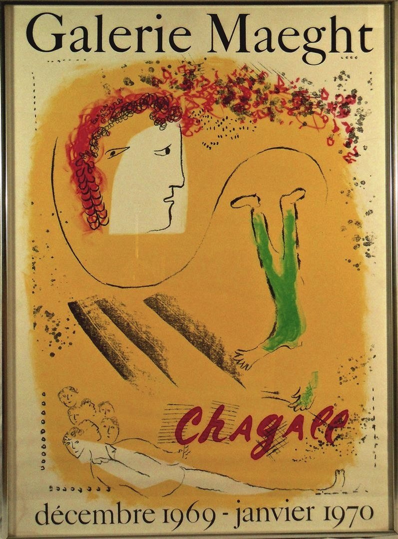 Marc Chagall, Galerie Maeght Poster: A lithographic poster by French artist March Chagall (1887-1985). The poster was created for an exhibition at Galerie Maeght, Paris 1969. The lithograph measures 29 7/8" x 21 1/2"